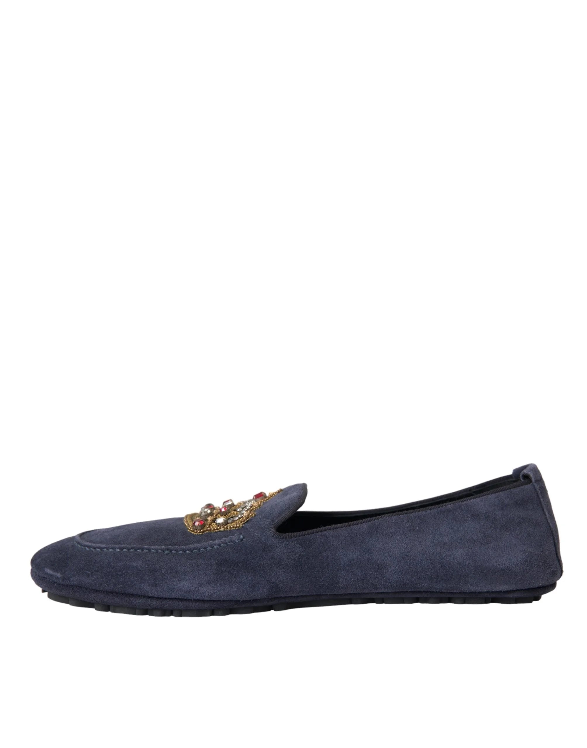 Dolce & Gabbana Blue Leather Suede Crystal Crown Loafers Shoes - EU40/US7 - Flats