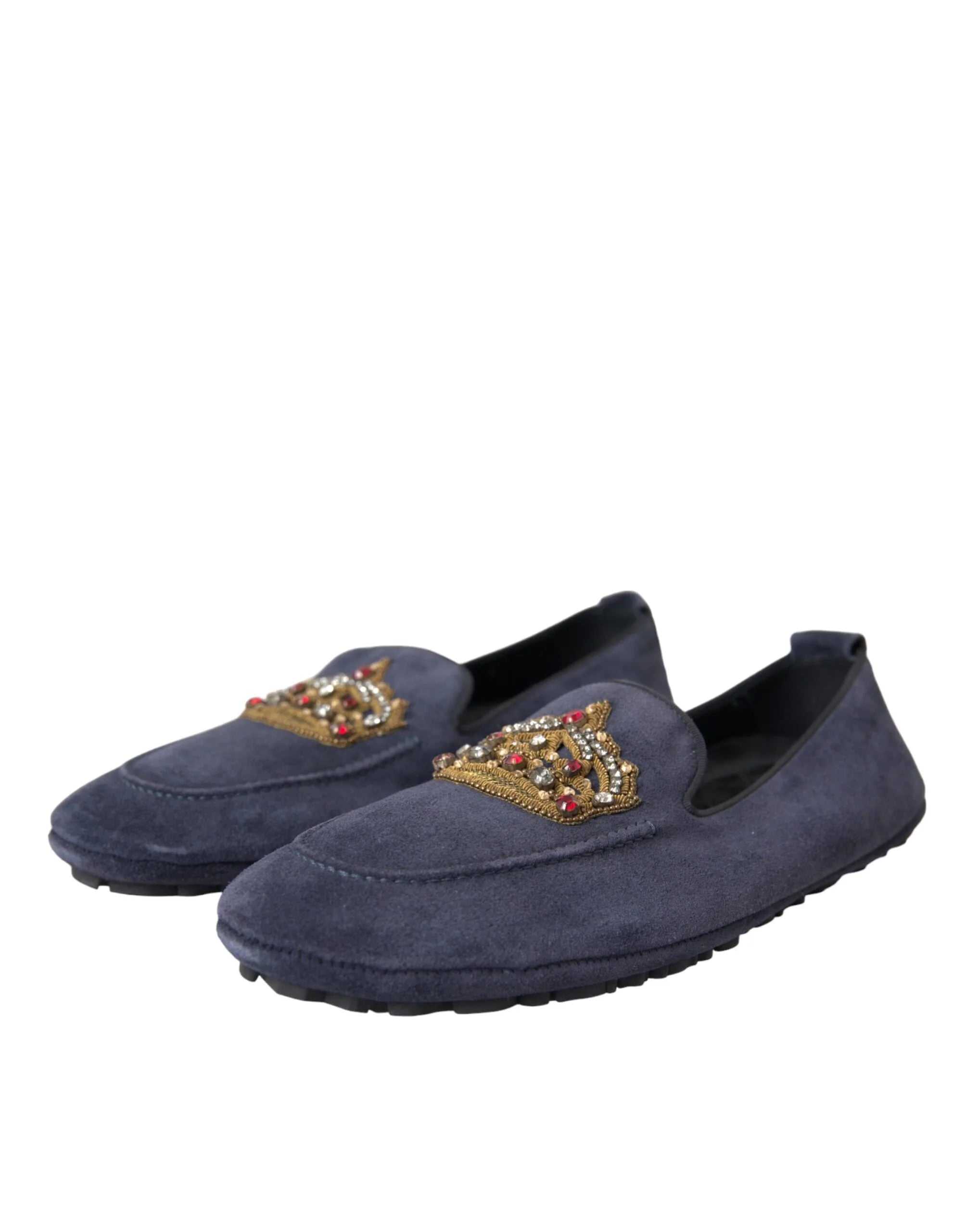Dolce & Gabbana Blue Leather Suede Crystal Crown Loafers Shoes - EU40/US7 - Flats