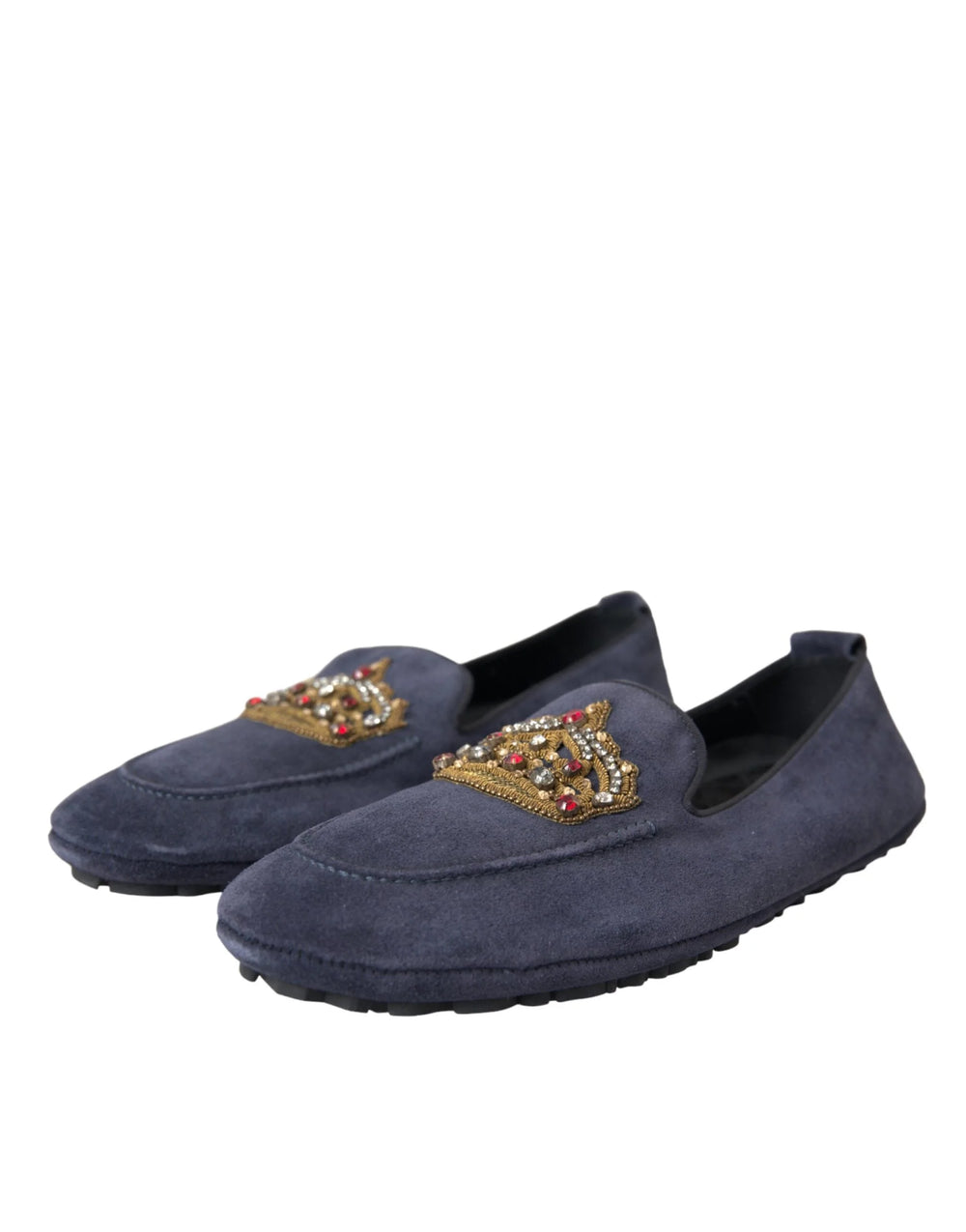 Dolce & Gabbana Blue Leather Suede Crystal Crown Loafers Shoes - EU40/US7 - Flats