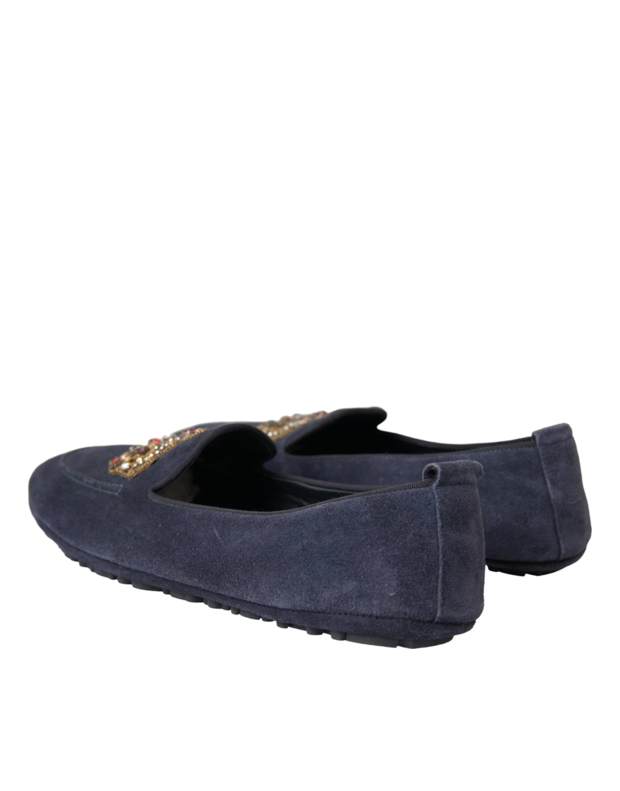 Dolce & Gabbana Blue Leather Suede Crystal Crown Loafers Shoes - EU40/US7 - Flats