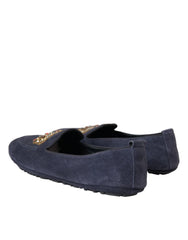 Dolce & Gabbana Blue Leather Suede Crystal Crown Loafers Shoes - EU40/US7 - Flats