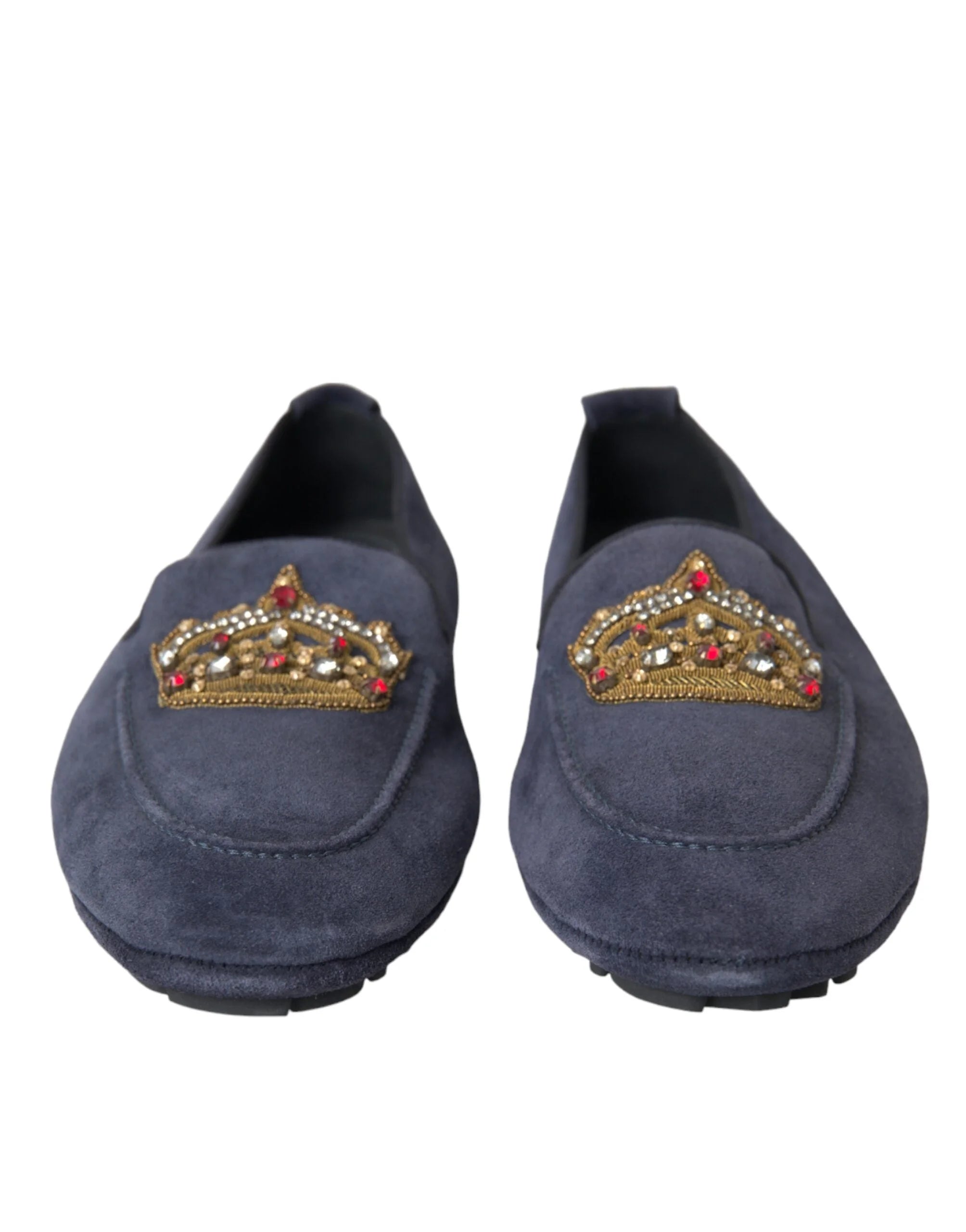Dolce & Gabbana Blue Leather Suede Crystal Crown Loafers Shoes - EU40/US7 - Flats