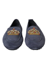 Dolce & Gabbana Blue Leather Suede Crystal Crown Loafers Shoes - EU40/US7 - Flats