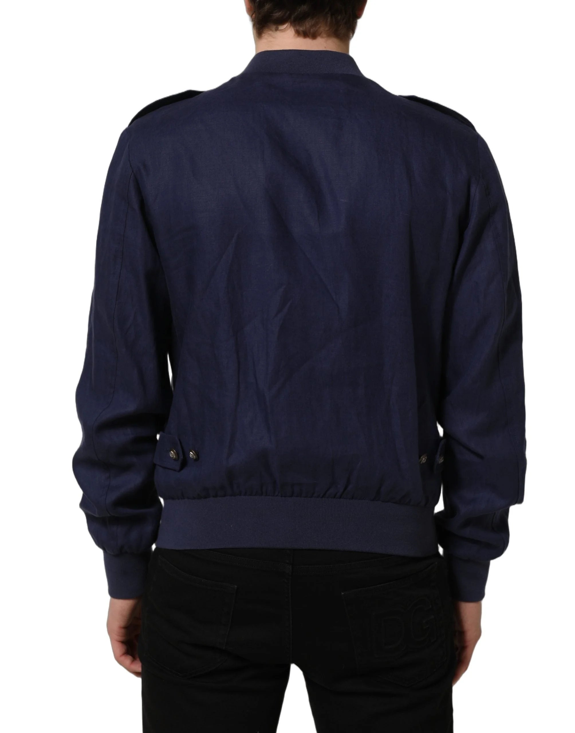 Dolce & Gabbana Blue Linen Full Zip Men Bomber Jacket - IT52 | XL