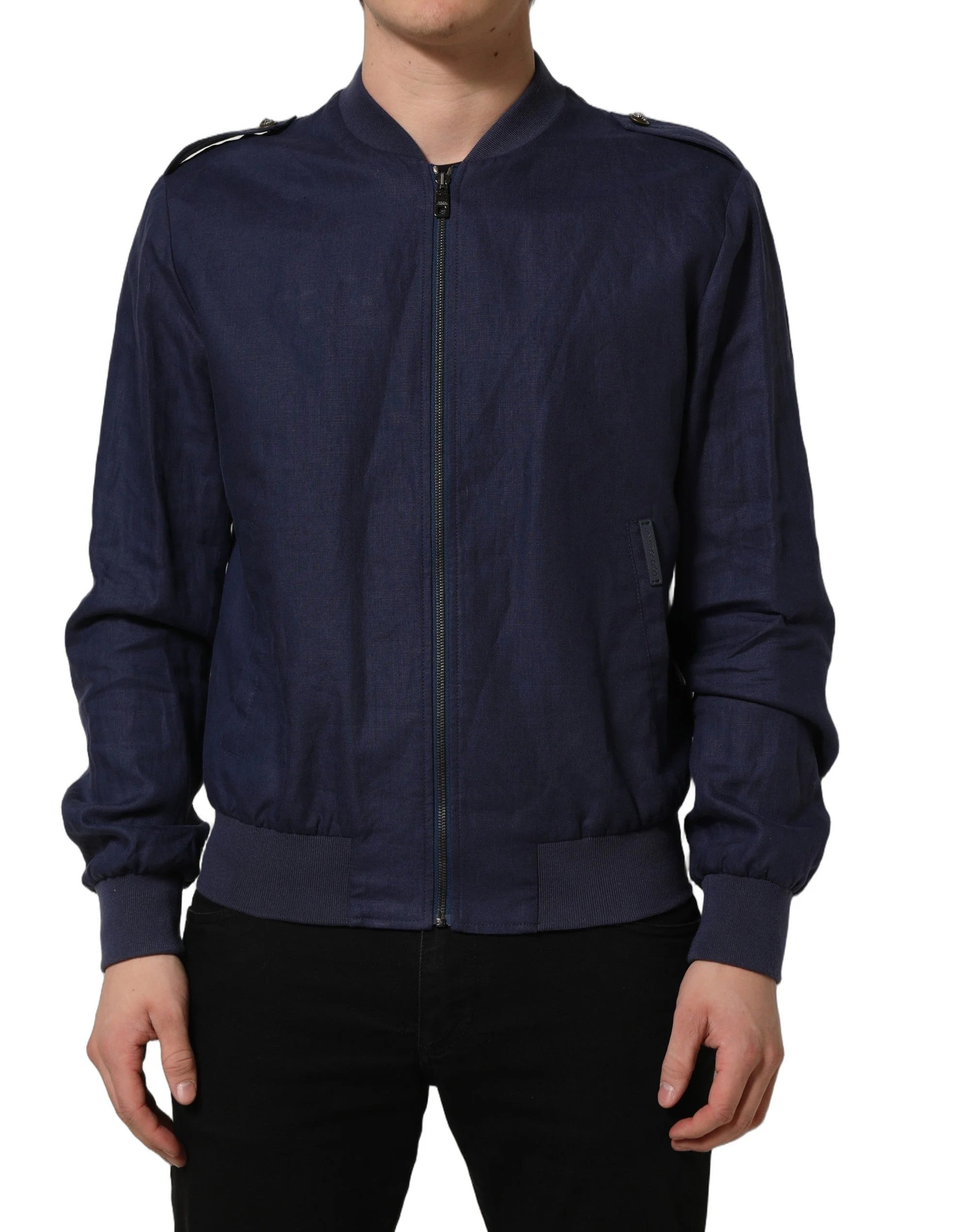Dolce & Gabbana Blue Linen Full Zip Men Bomber Jacket - IT52 | XL