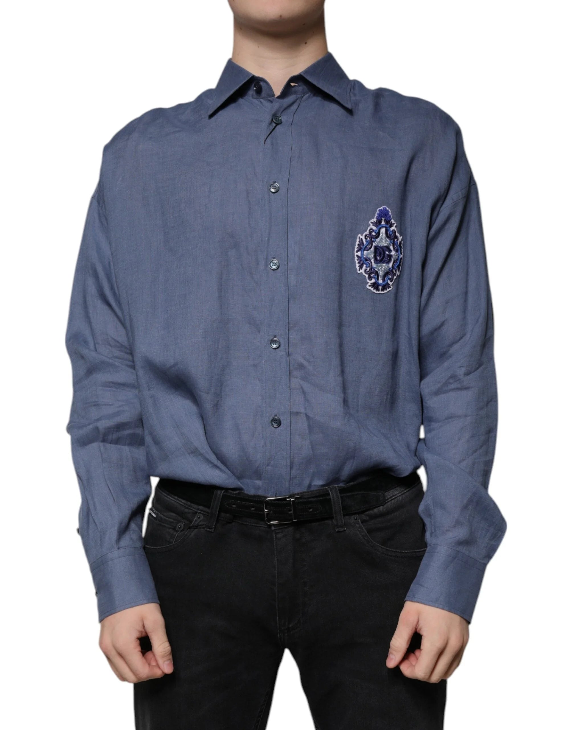 Dolce & Gabbana Blue Logo Long Sleeve Button Down Casual Shirt - IT39 | S - Shirts