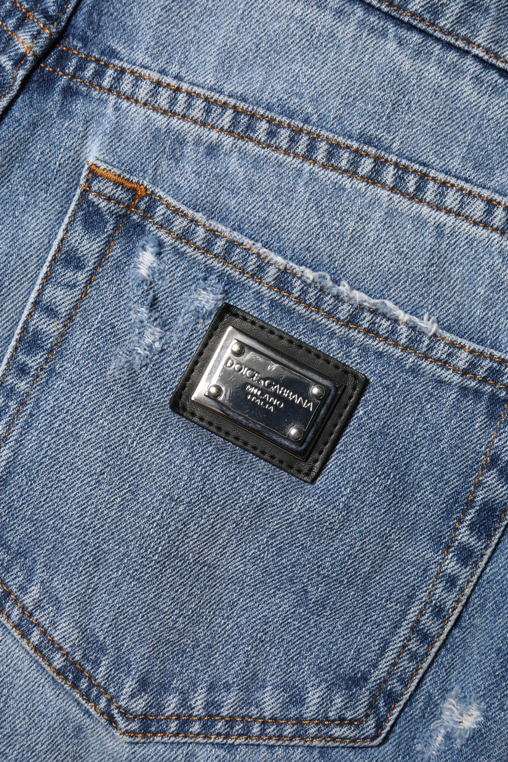 Dolce & Gabbana kék logós tábla denim pamacsos rövidnadrág - IT40|S