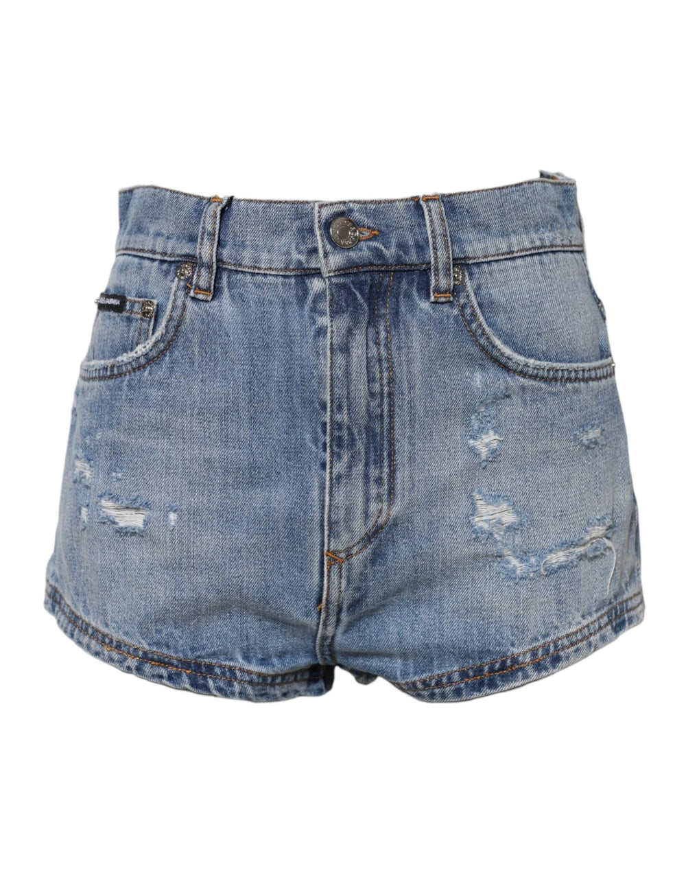 Dolce & Gabbana kék logós tábla denim pamacsos rövidnadrág - IT40|S