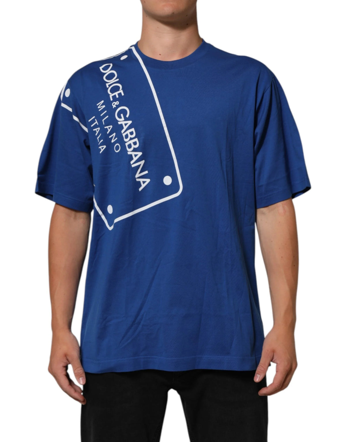 Dolce & Gabbana Blue Logo Print Cotton Crew Neck Men T-shirt - IT54 | XL - T-Shirts