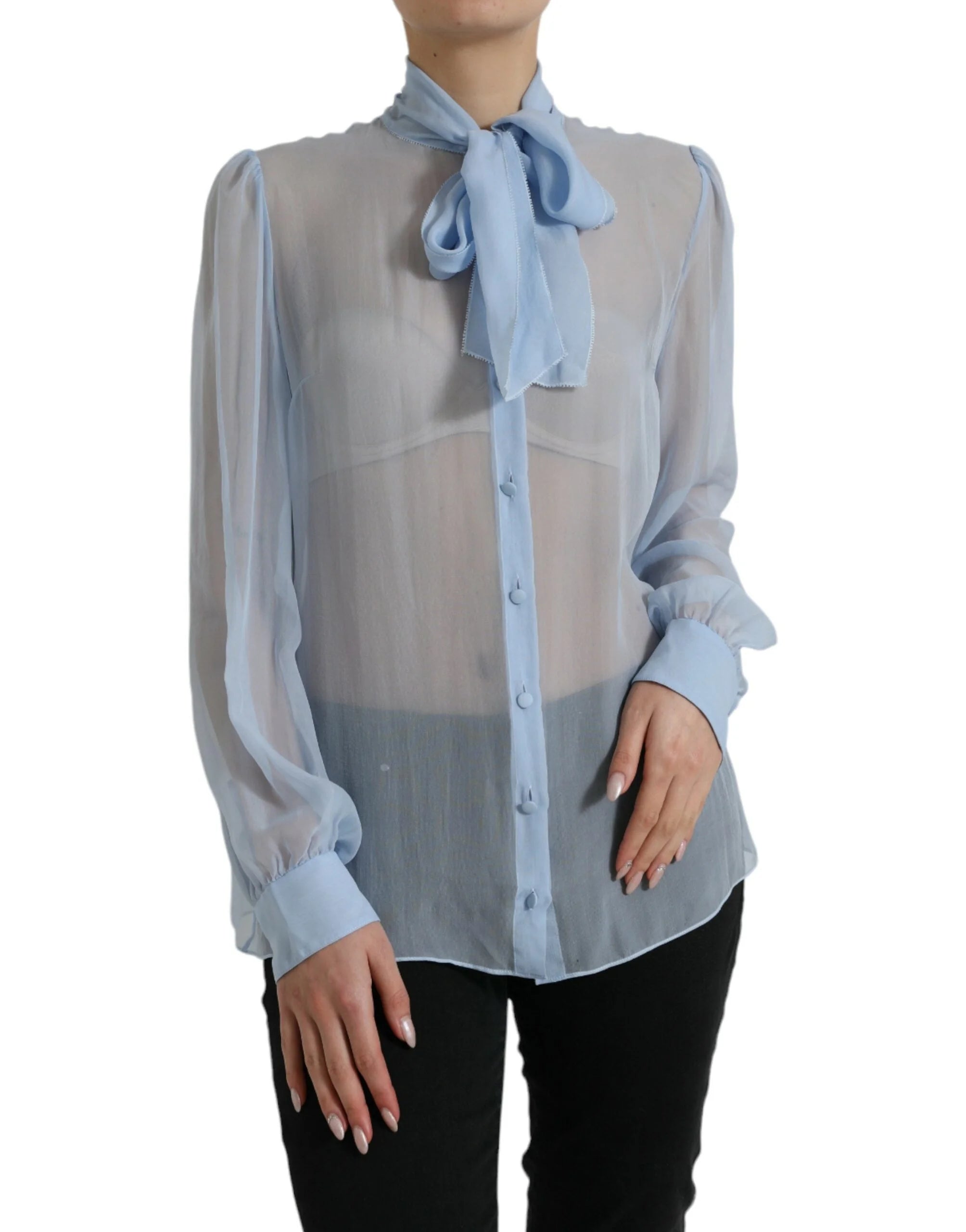 Dolce & Gabbana Blue Long Sleeves Ascot Collar Blouse Top - IT46|XL - Blouses