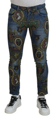 Dolce & Gabbana Blue Medal Print Slim Fit Cotton Jeans - Jeans