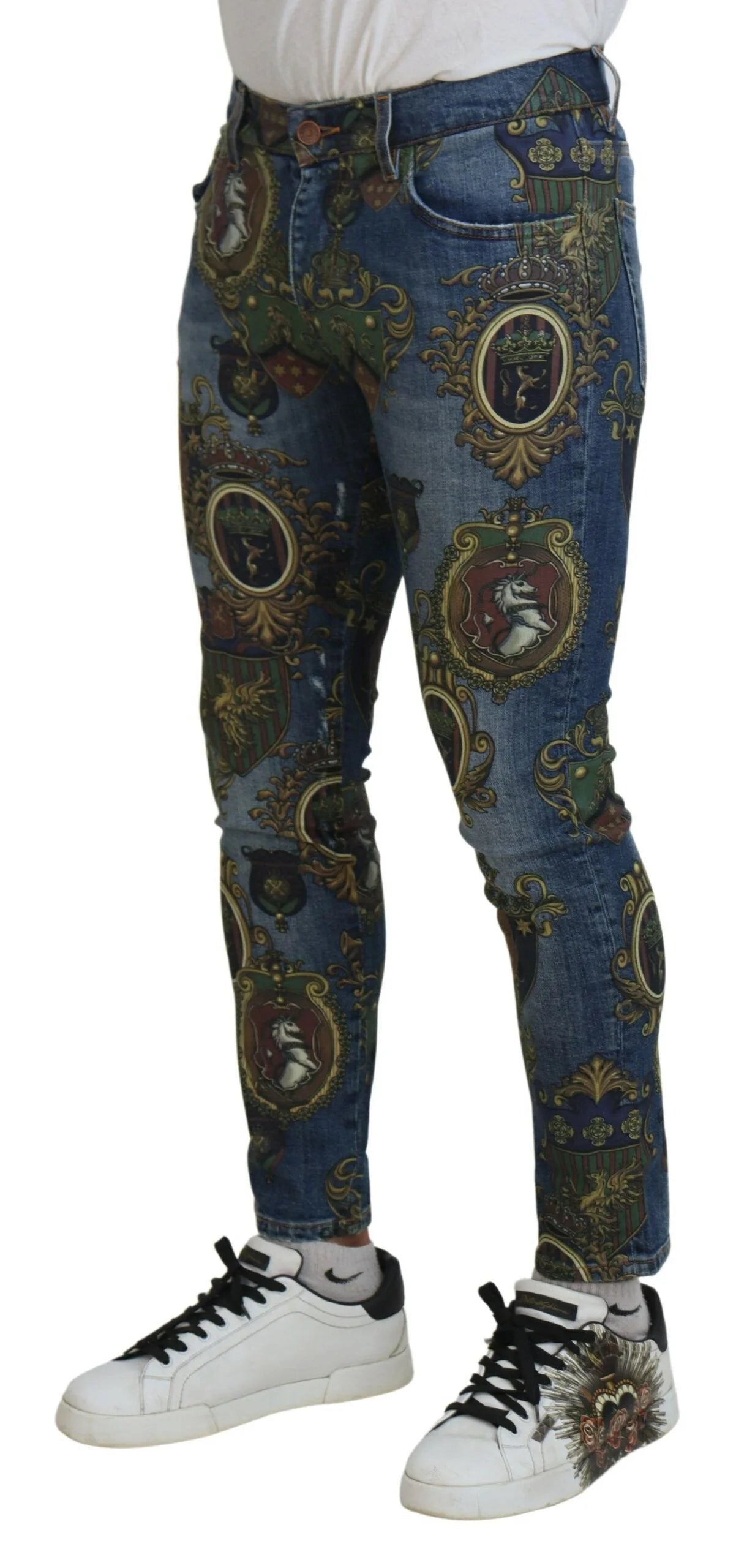 Dolce & Gabbana Blue Medal Print Slim Fit Cotton Jeans - Jeans