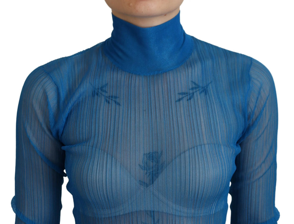 Dolce & Gabbana Blue Mesh Turtleneck Long Sleeve Blouse Top - IT38|XS - Blouses