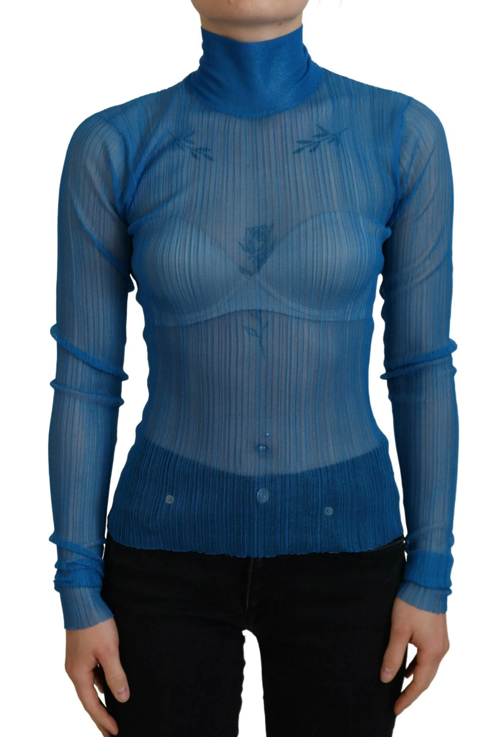 Dolce & Gabbana Blue Mesh Turtleneck Long Sleeve Blouse Top - IT38|XS - Blouses