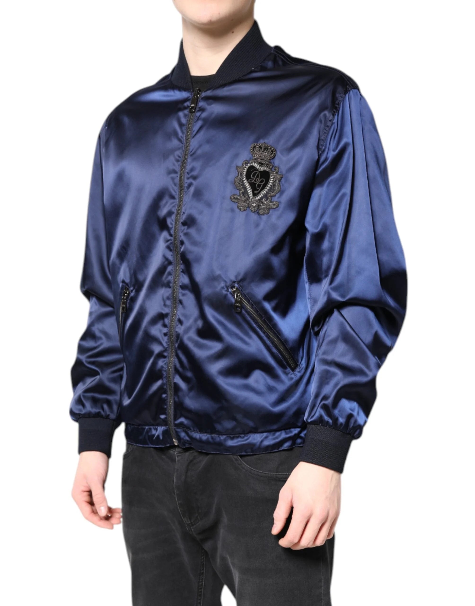 Dolce & Gabbana Blue Nylon DG Crown Full Zip Bomber Jacket - IT48 | M