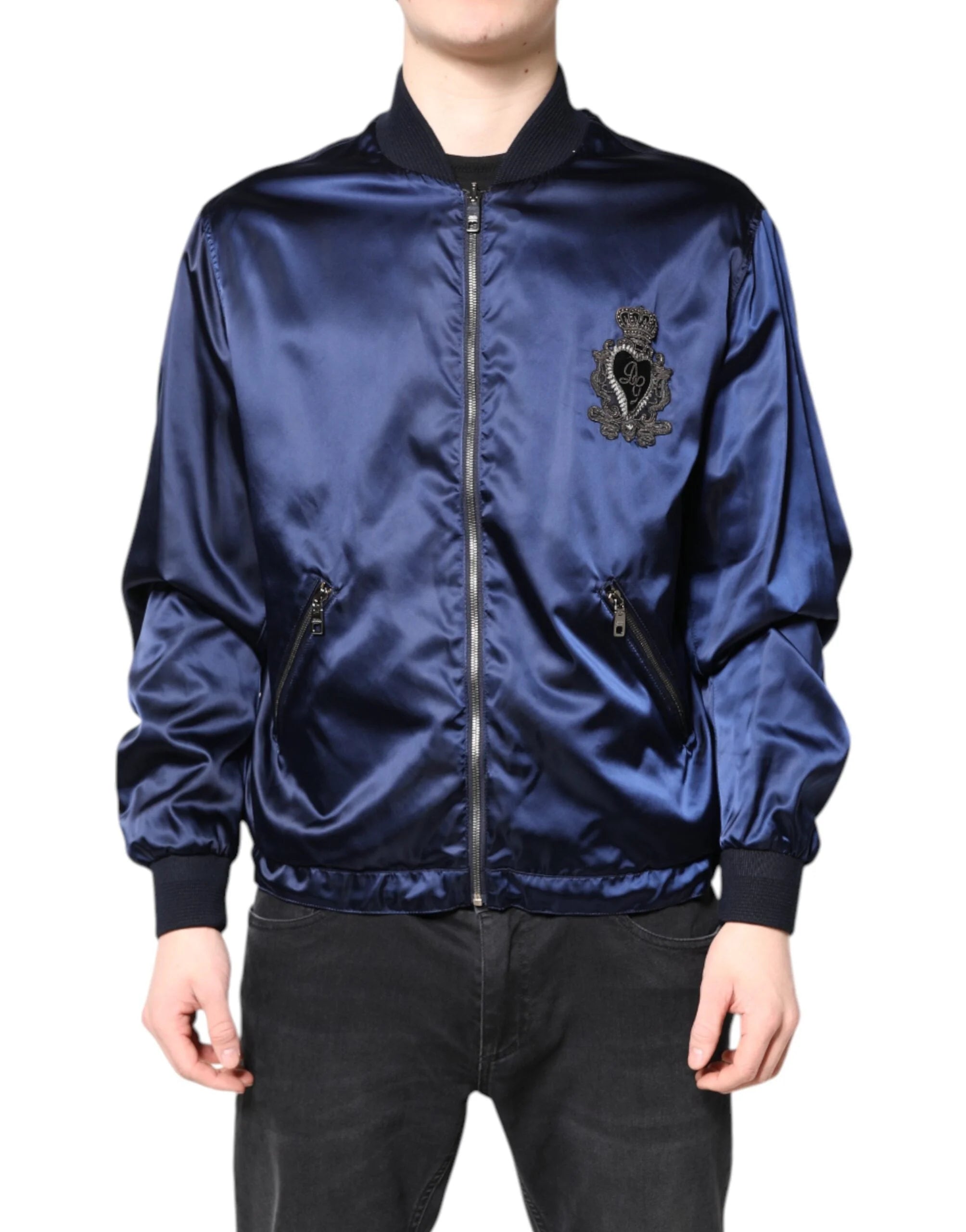 Dolce & Gabbana Blue Nylon DG Crown Full Zip Bomber Jacket - IT48 | M