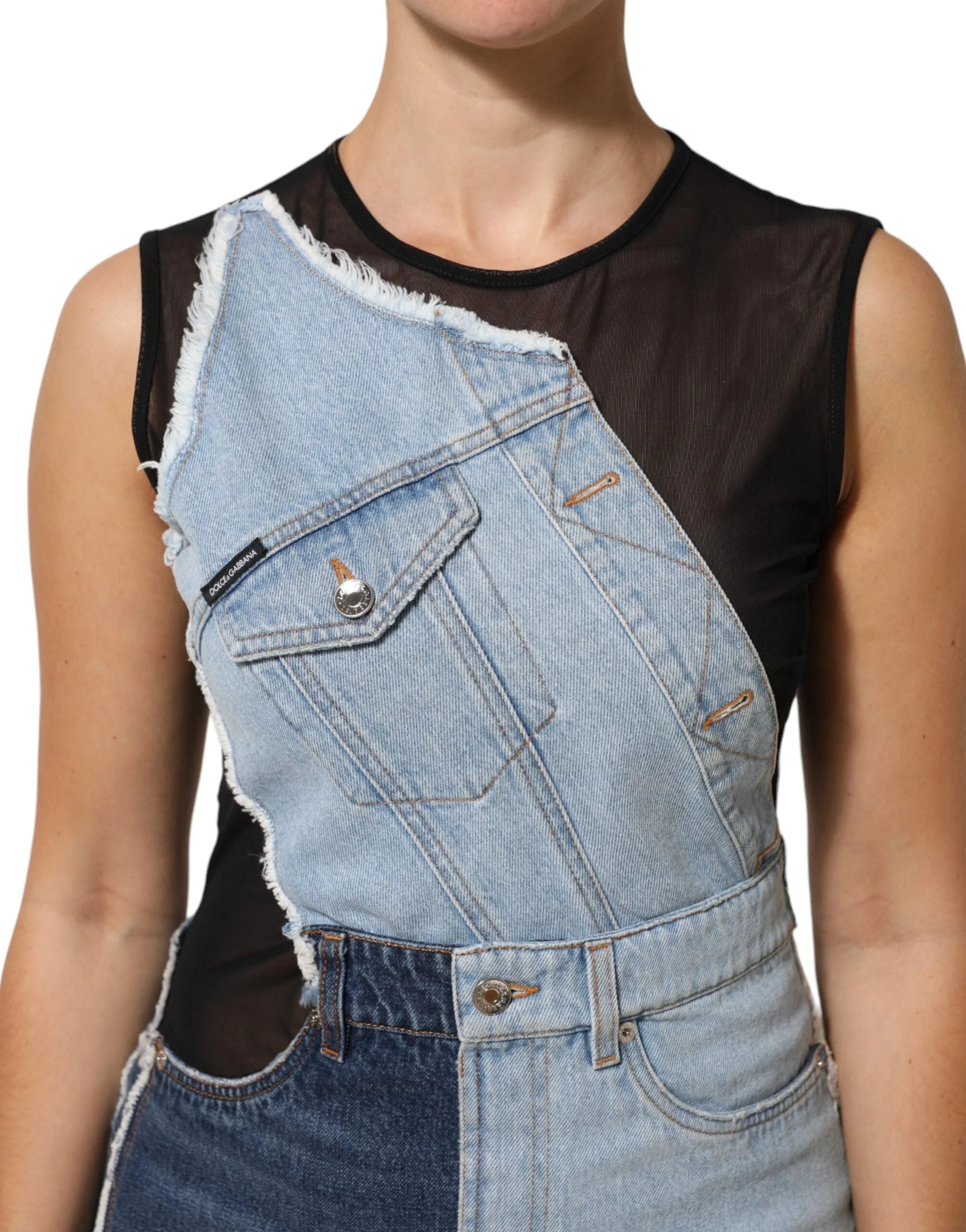 Dolce & Gabbana Blue Nylon Patchwork Denim Sheath Mini Dress - IT44 | L - Dresses