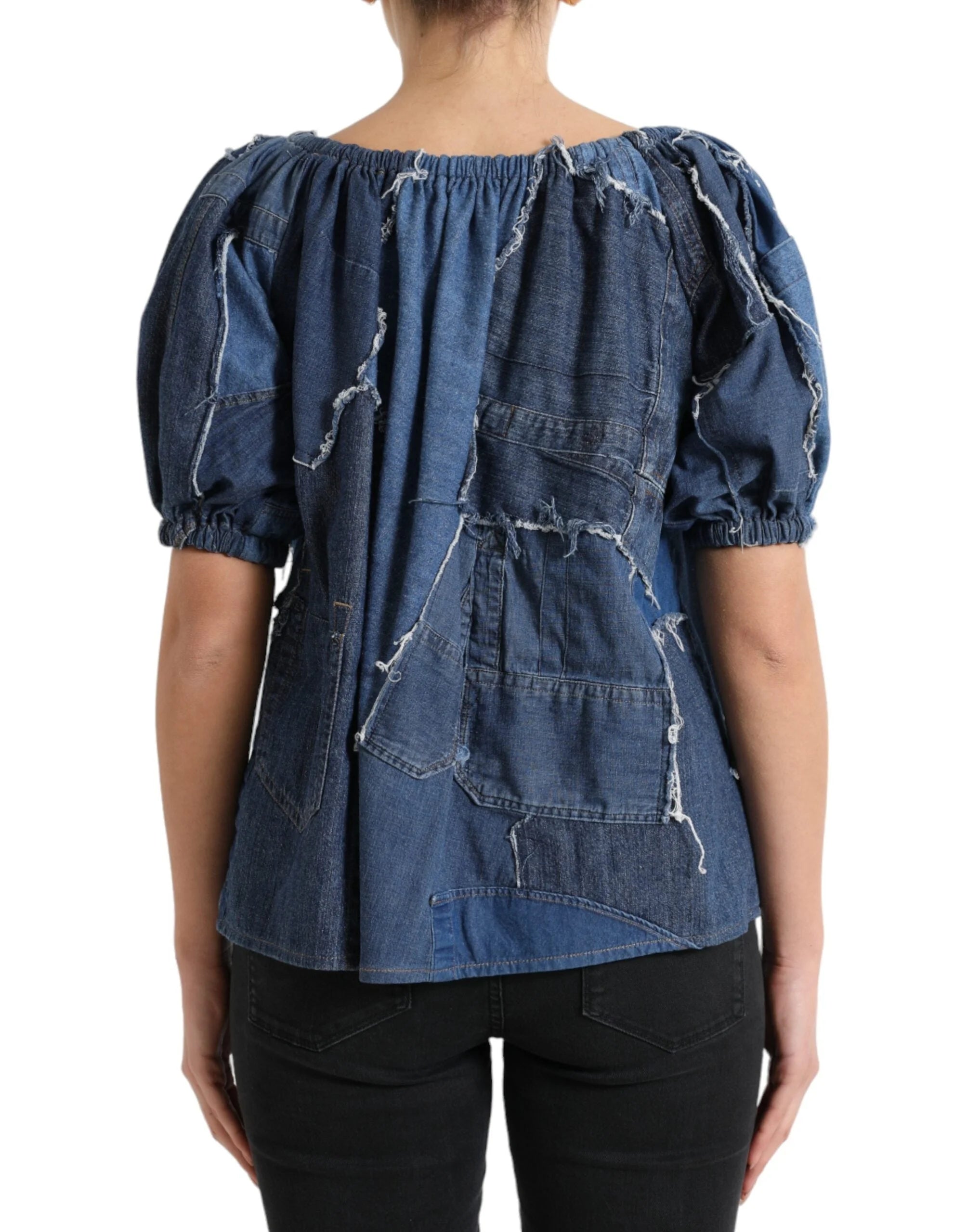 Dolce & Gabbana Blue Patchwork Short Sleeves Denim Blouse Top - IT40|S - Blouses