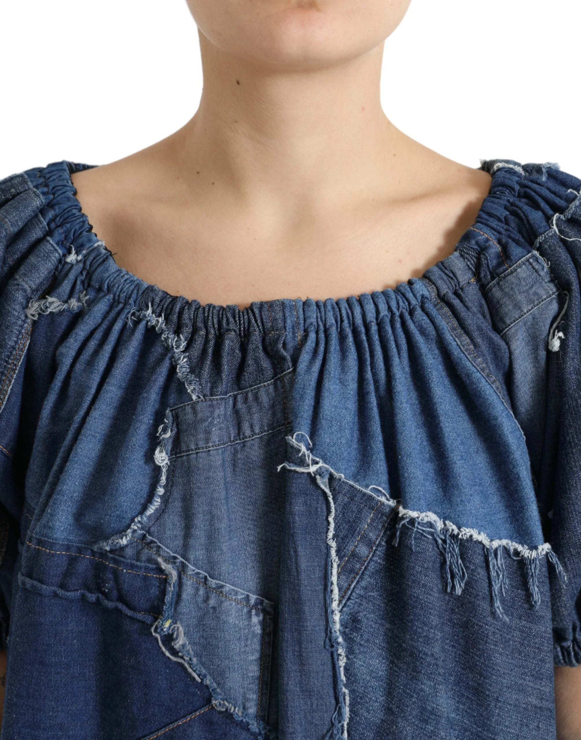Dolce & Gabbana Blue Patchwork Short Sleeves Denim Blouse Top - IT40|S - Blouses