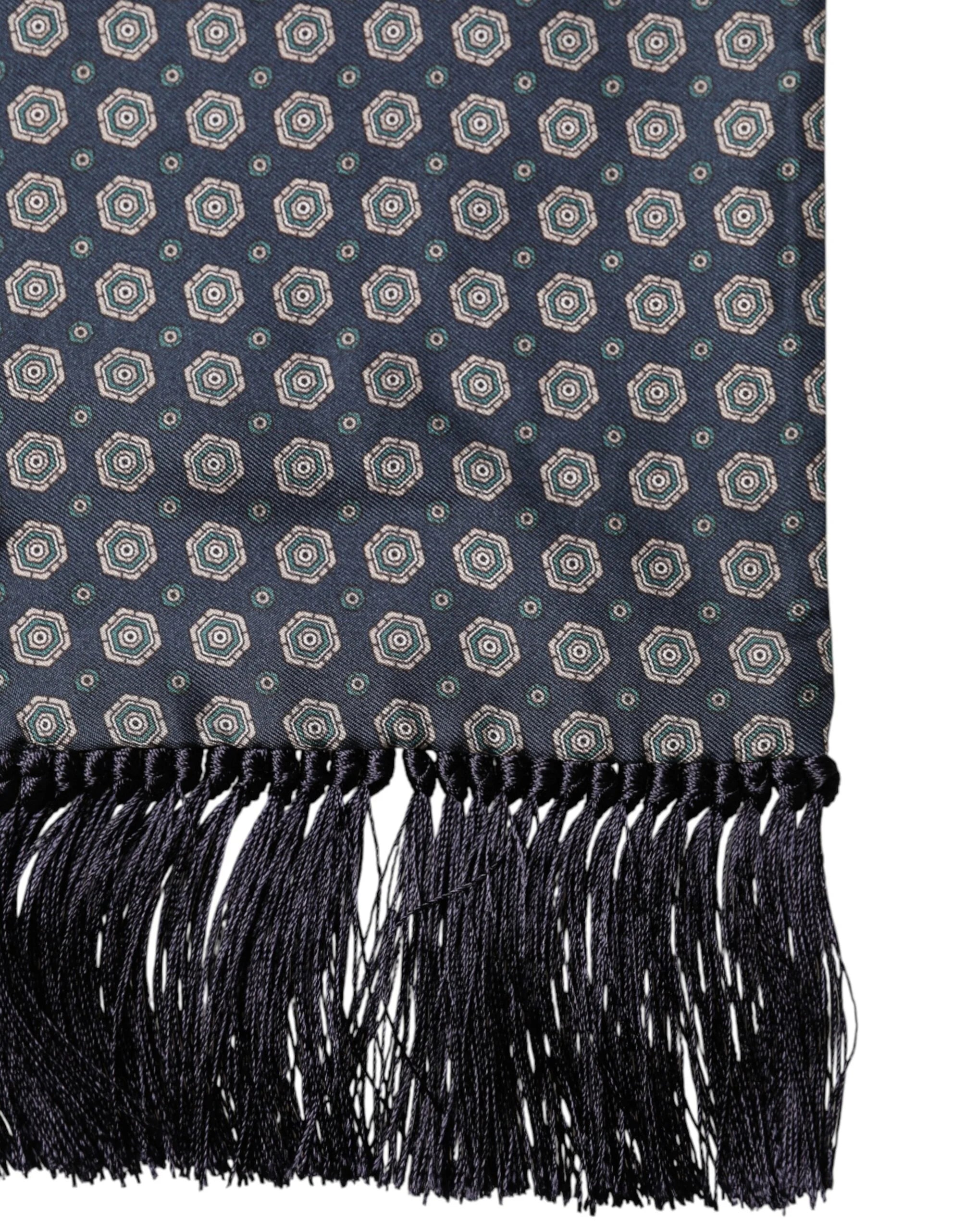 Dolce & Gabbana Blue Patterned Silk Fringes Foulard 138cm x 15.5cm Scarf