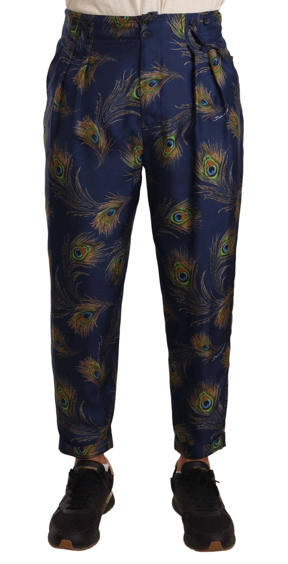 Dolce & Gabbana Blue Peacock Print Tapered Trousers Silk Pants - IT48 | M - Trousers