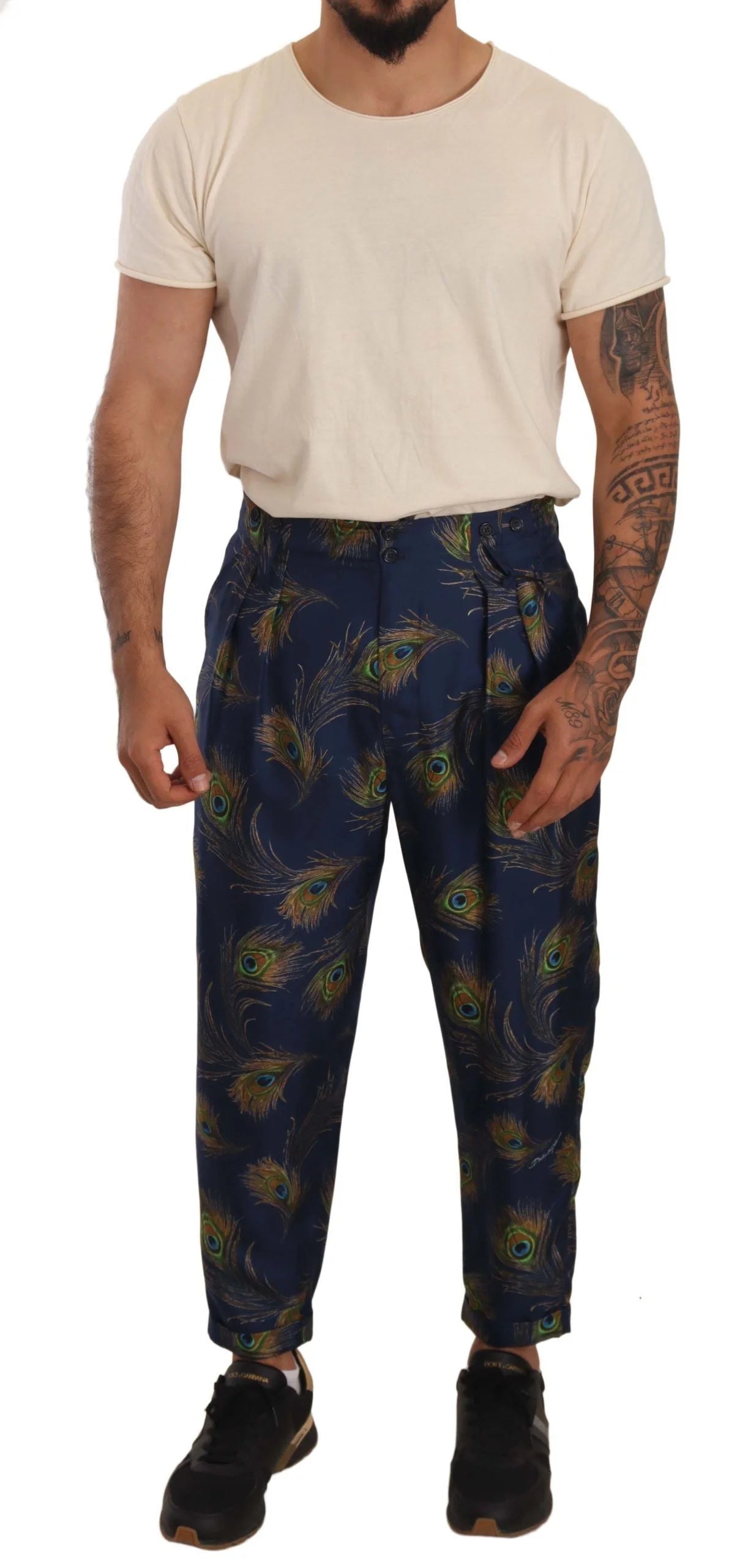 Dolce & Gabbana Blue Peacock Print Tapered Trousers Silk Pants - IT48 | M - Trousers