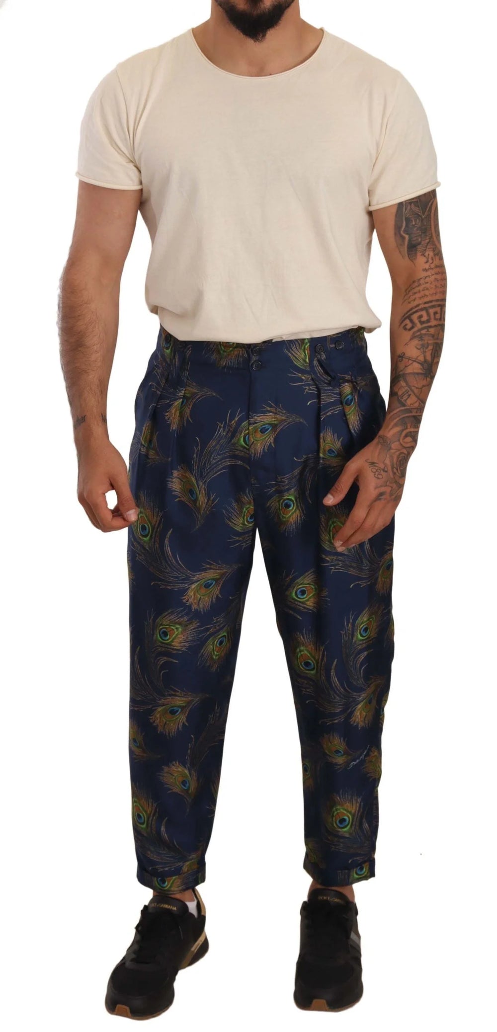 Dolce & Gabbana Blue Peacock Print Tapered Trousers Silk Pants - IT48 | M - Trousers
