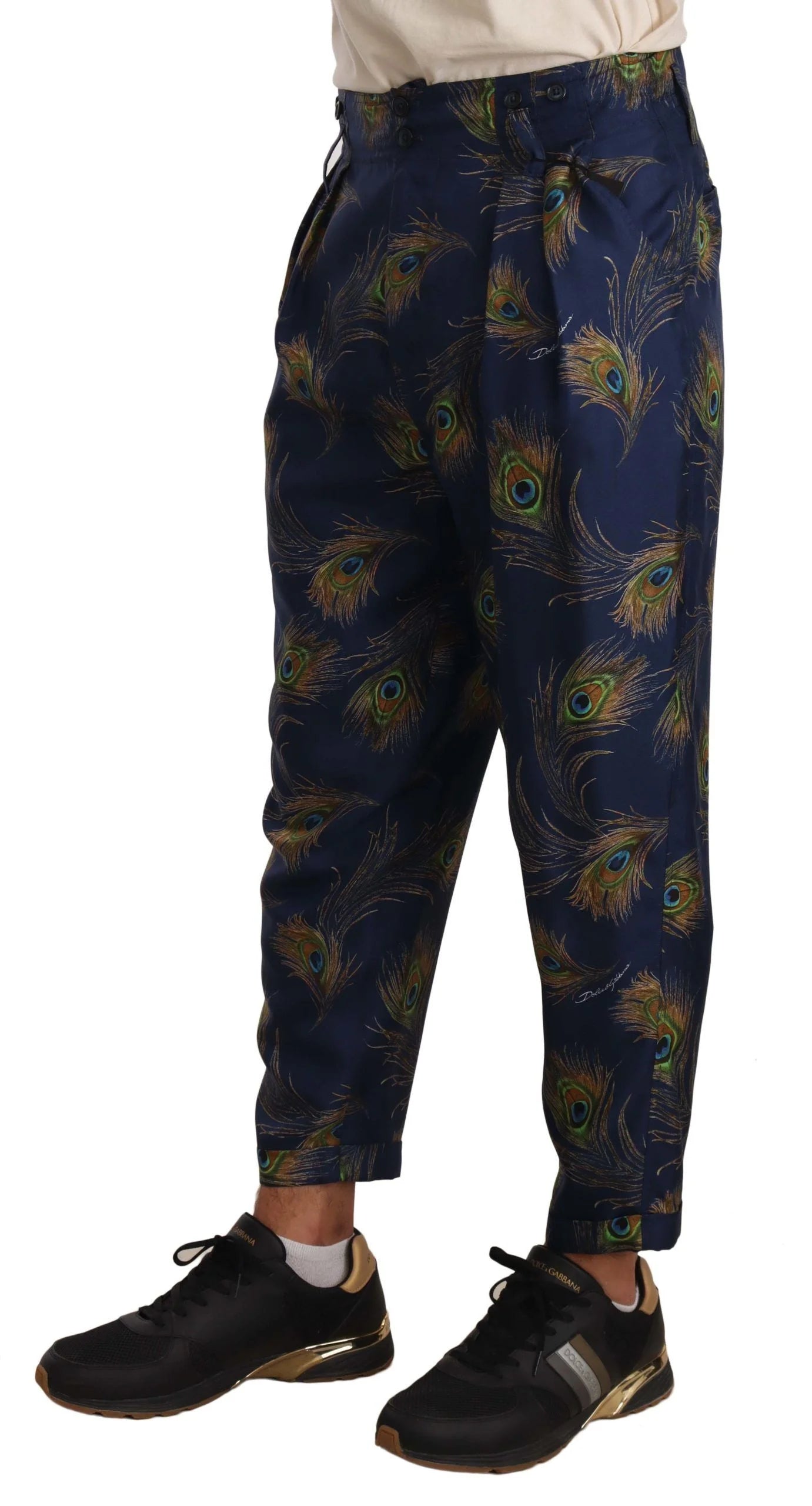 Dolce & Gabbana Blue Peacock Print Tapered Trousers Silk Pants - IT48 | M - Trousers