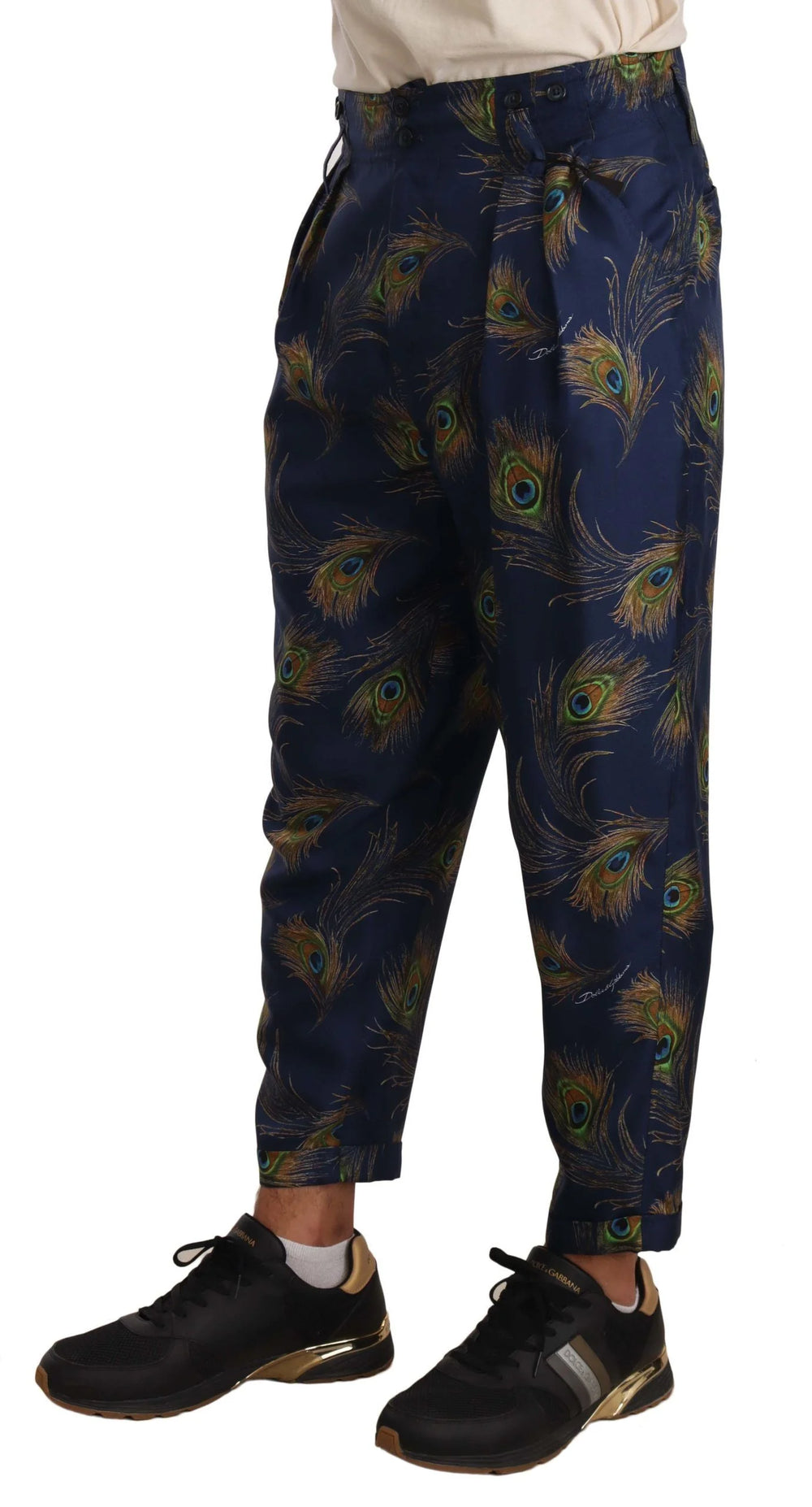 Dolce & Gabbana Blue Peacock Print Tapered Trousers Silk Pants - IT48 | M - Trousers