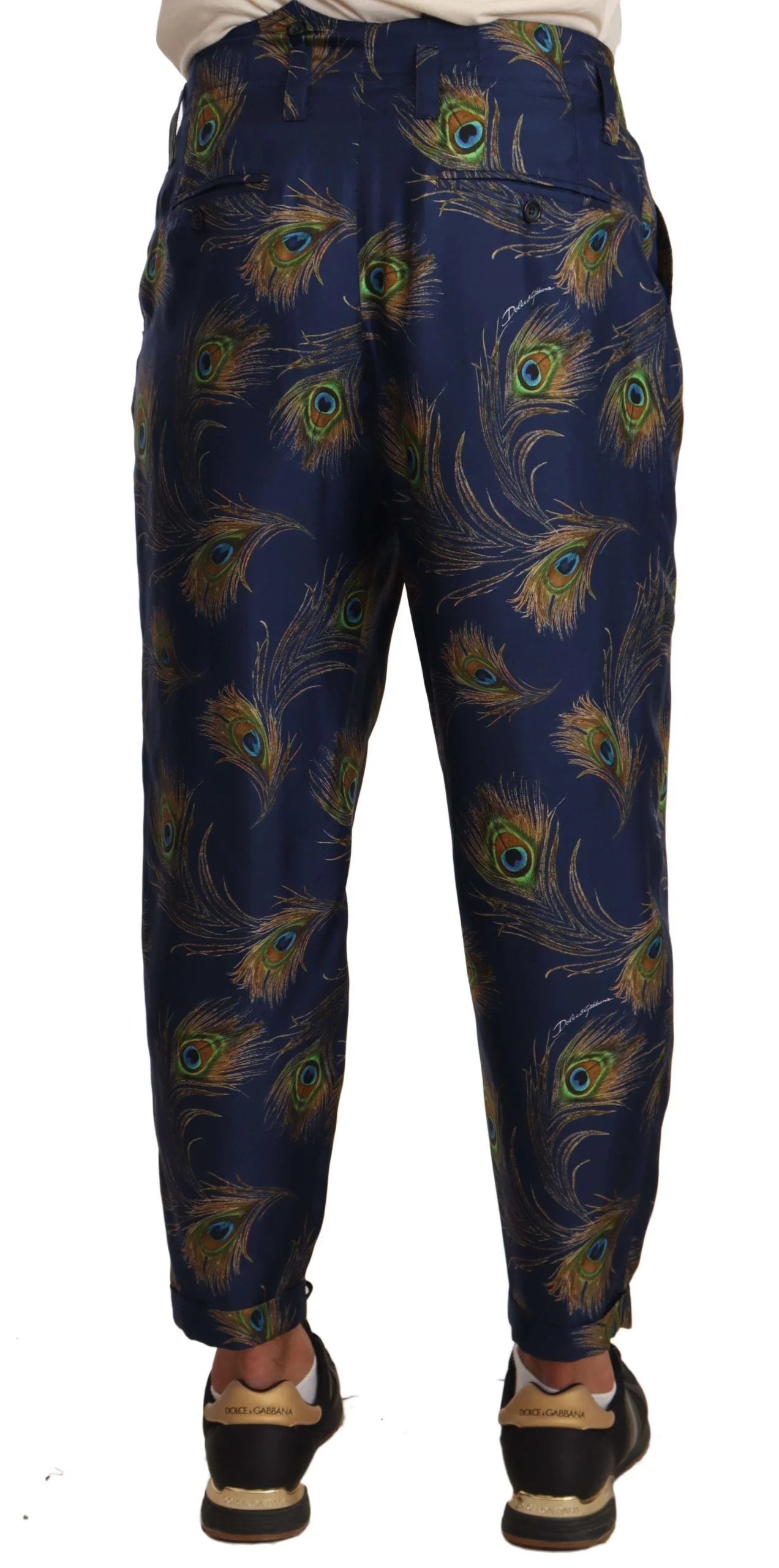 Dolce & Gabbana Blue Peacock Print Tapered Trousers Silk Pants - IT48 | M - Trousers
