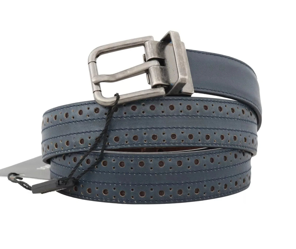 Dolce & Gabbana Blue Perforated Leather Gray Buckle Belt - 90 cm / 36 Inches - Belts