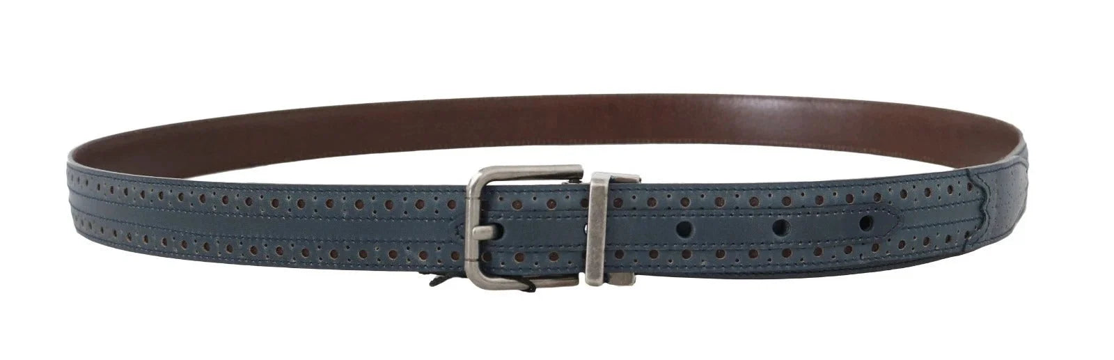 Dolce & Gabbana Blue Perforated Leather Gray Buckle Belt - 90 cm / 36 Inches - Belts