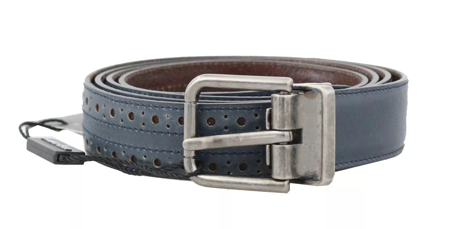 Dolce & Gabbana Blue Perforated Leather Gray Buckle Belt - 90 cm / 36 Inches - Belts