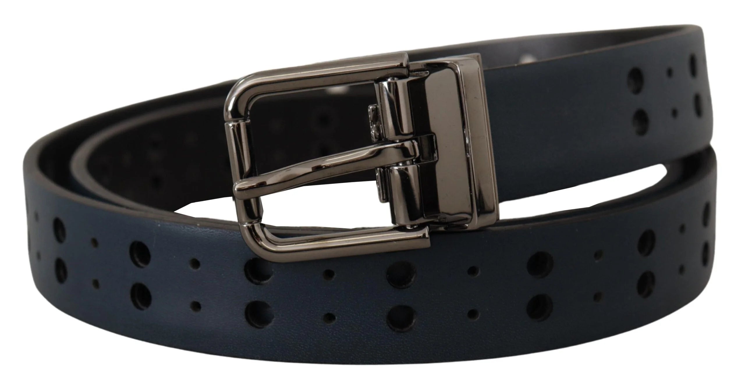Dolce & Gabbana Blue Perforated Skinny Leather Metal Buckle Belt - 90 cm / 36 Inches - Belts