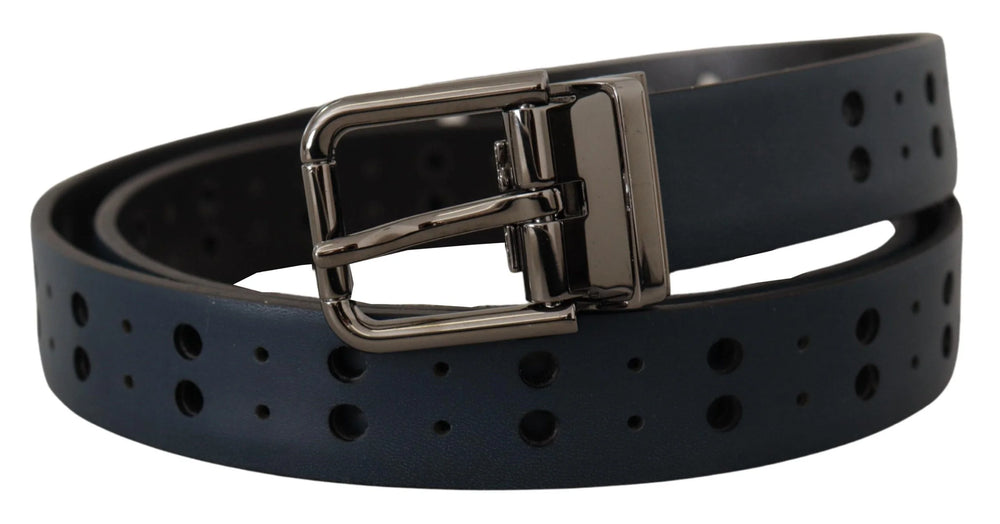 Dolce & Gabbana Blue Perforated Skinny Leather Metal Buckle Belt - 90 cm / 36 Inches - Belts