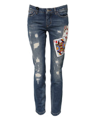 Dolce & Gabbana Blue Play Card Embroidery Skinny Denim Jeans - IT38 | XS