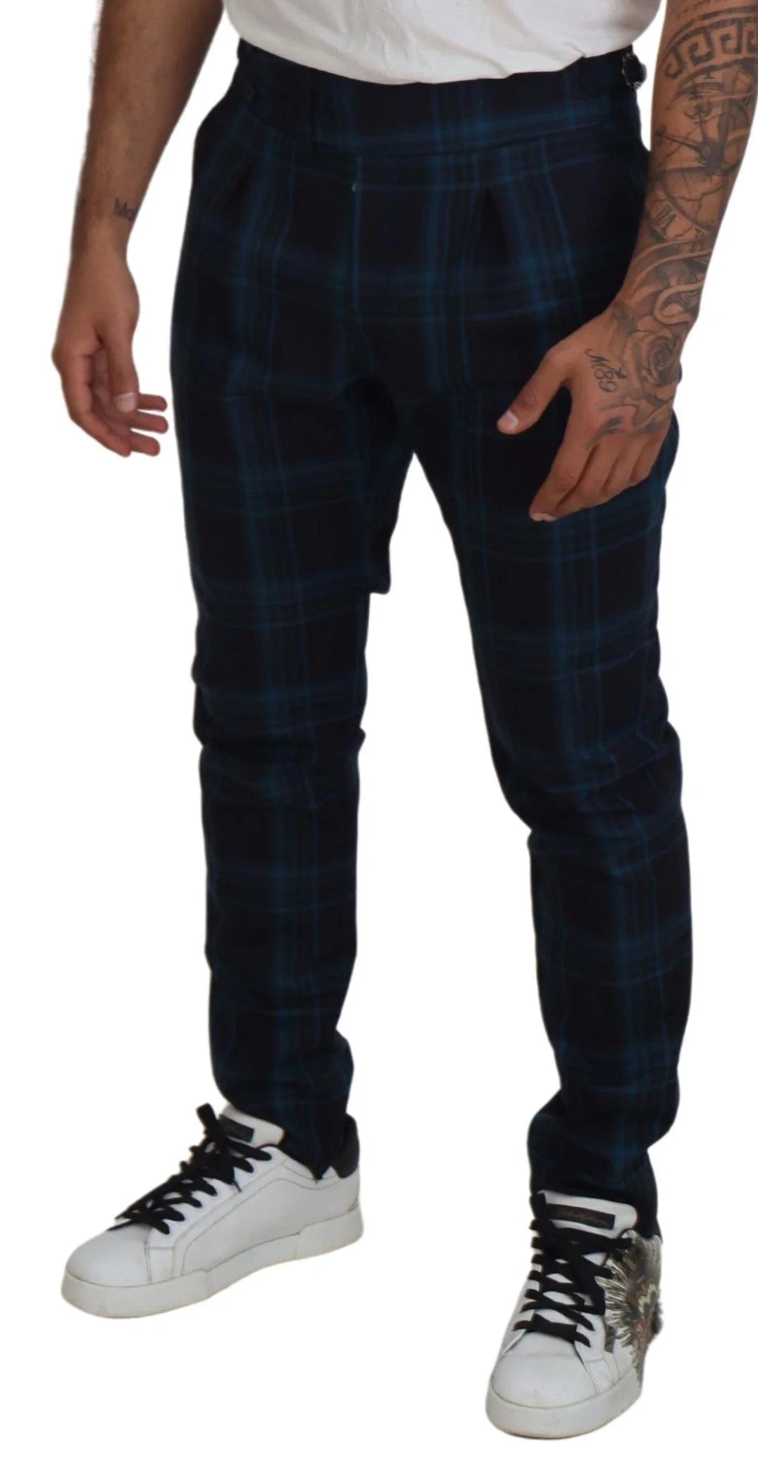Dolce & Gabbana Blue Purple Plaid Wool Trousers Pants - Chinos