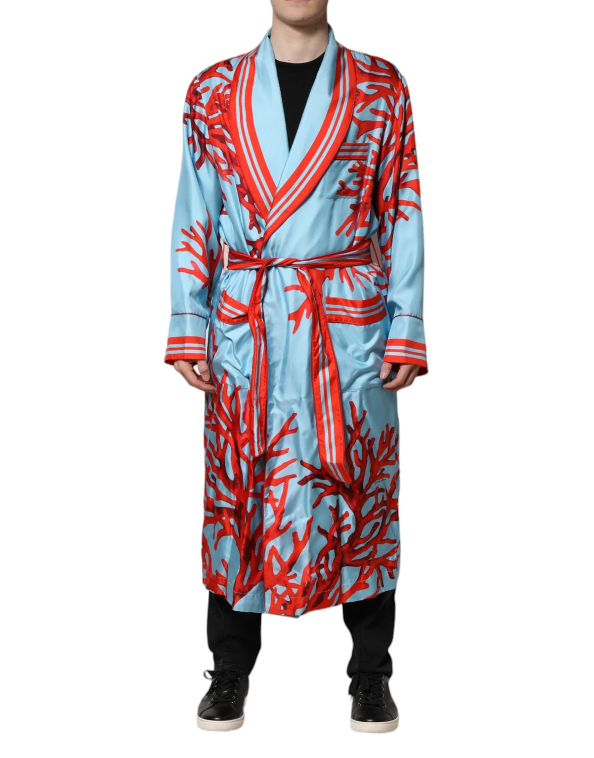 Dolce & Gabbana Blue Red Coral Print Wrap Robe Coat Jacket - Wrap Coats