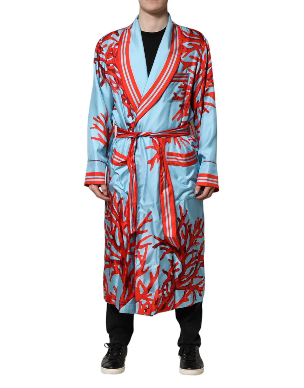 Dolce & Gabbana Blue Red Coral Print Wrap Robe Coat Jacket - Wrap Coats