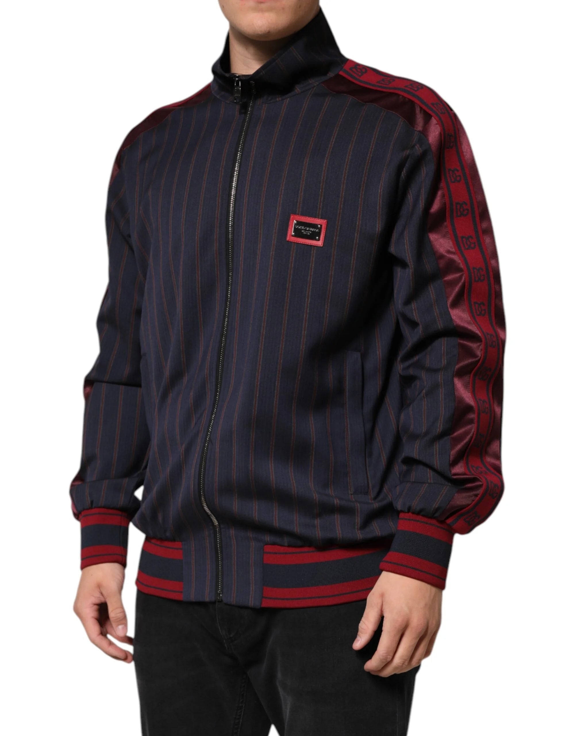 Dolce & Gabbana Blue Red Striped Logo Plaque Full Zip Jacket - Bomber Jackets