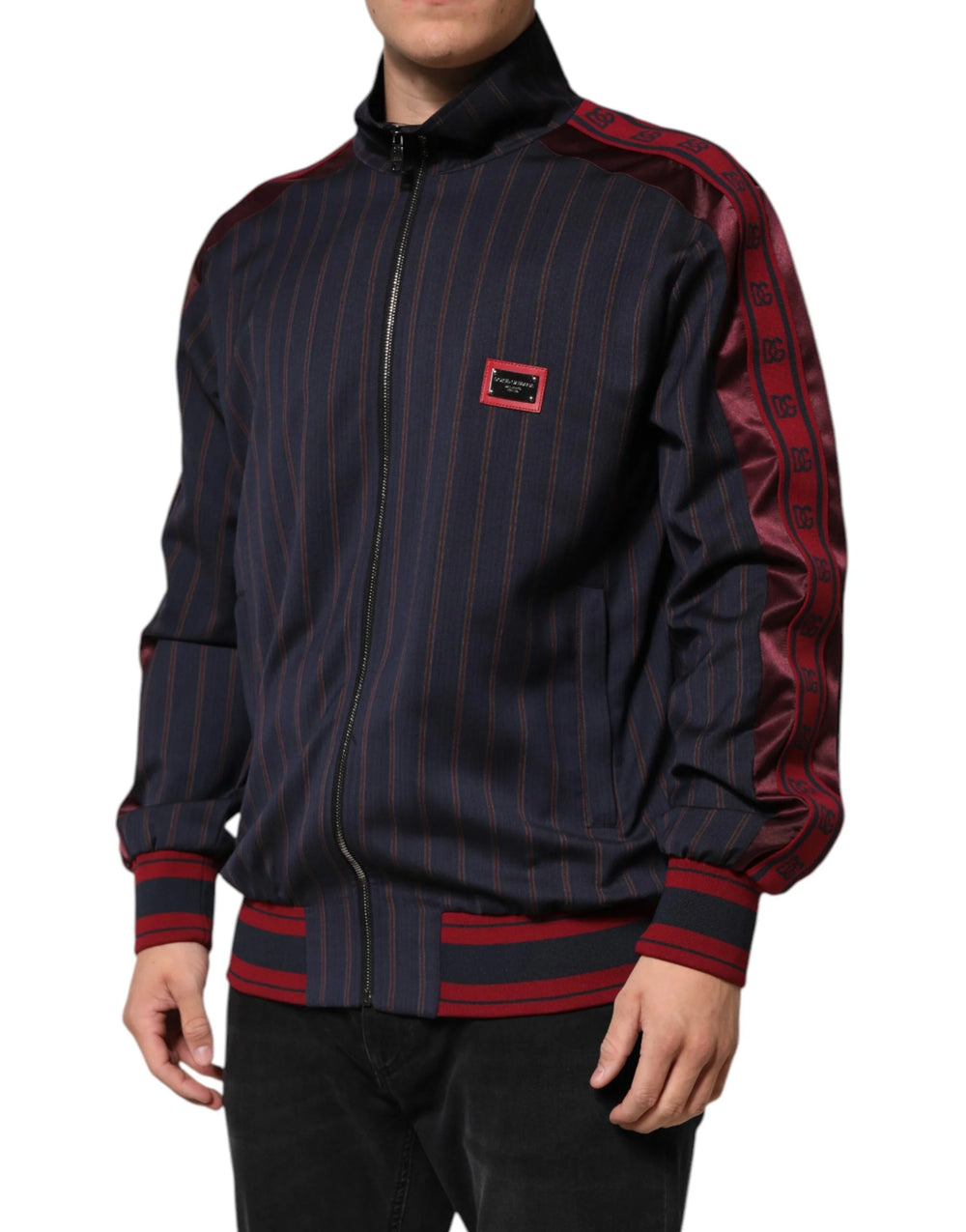 Dolce & Gabbana Blue Red Striped Logo Plaque Full Zip Jacket - Bomber Jackets
