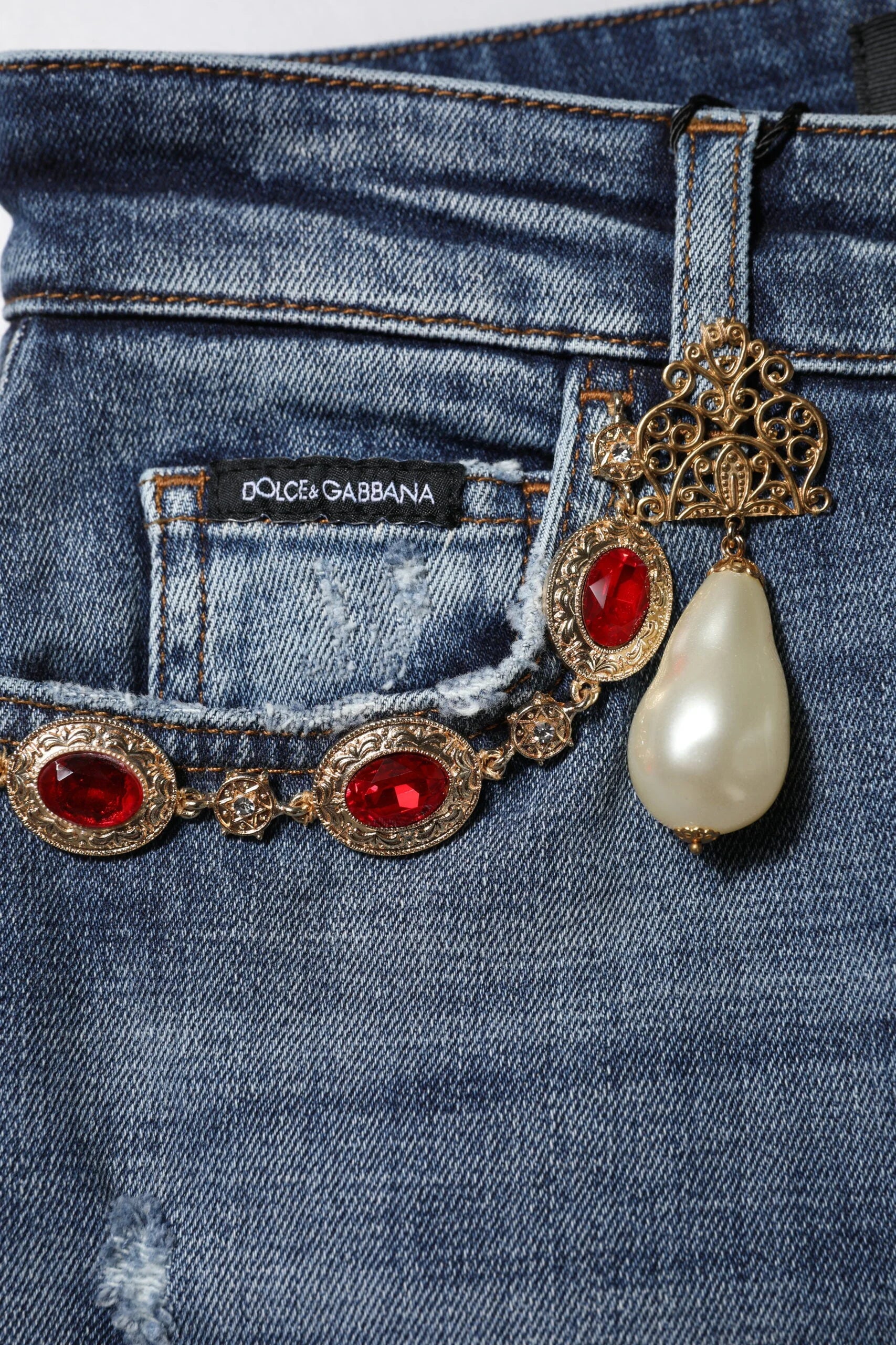 Dolce & Gabbana Blue Rhinestone Embellished Denim Jeans - Jeans