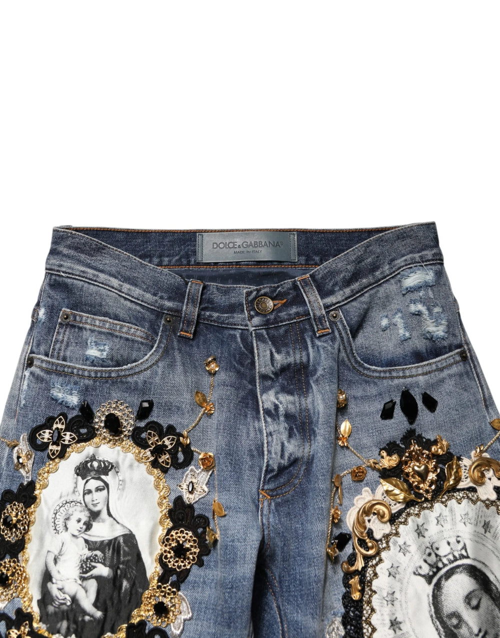 Dolce & Gabbana Blue Ripped Embellished Cotton Denim Jeans - IT44 | XS