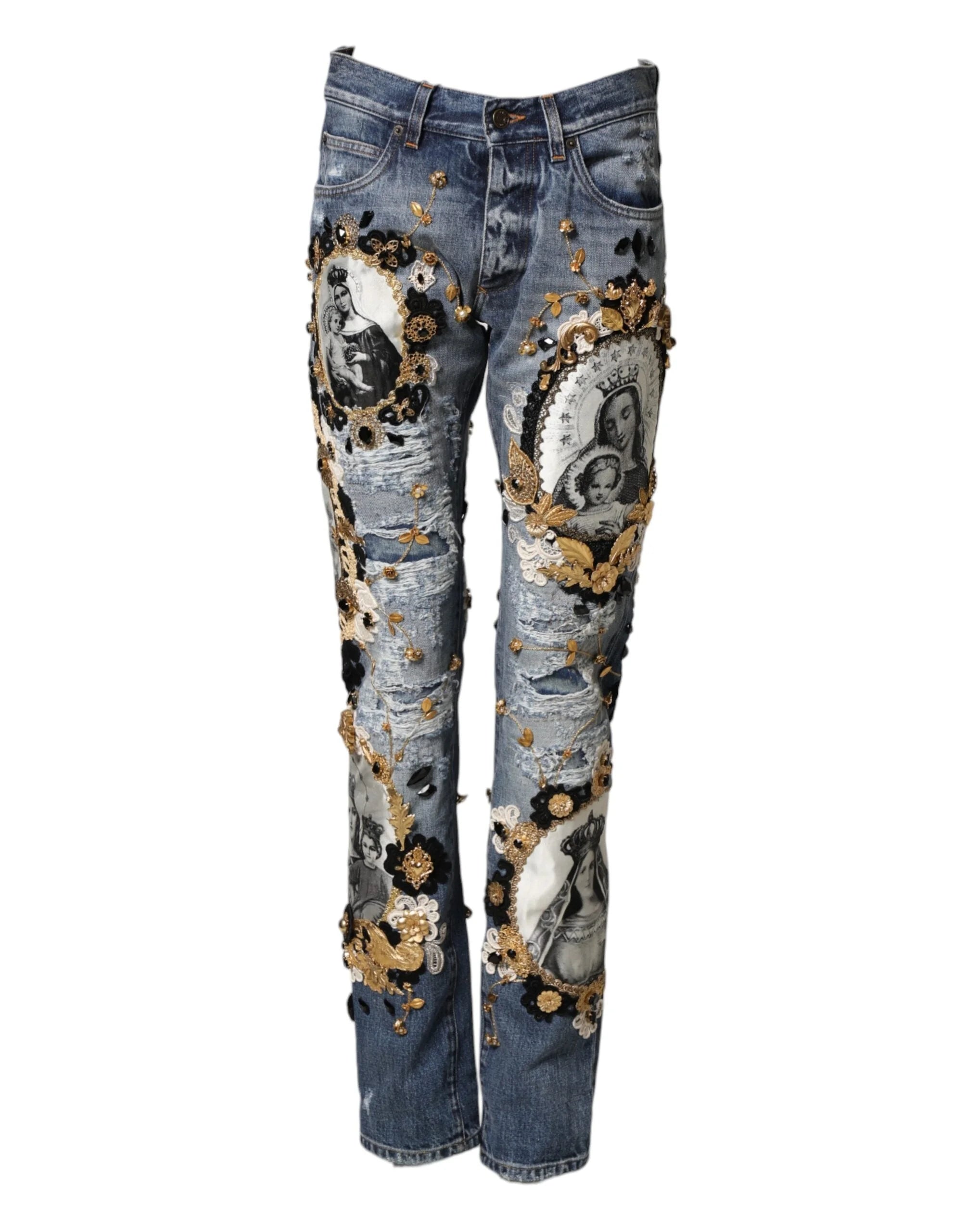 Dolce & Gabbana Blue Ripped Embellished Cotton Denim Jeans - IT44 | XS