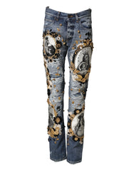 Dolce & Gabbana Blue Ripped Embellished Cotton Denim Jeans - IT44 | XS