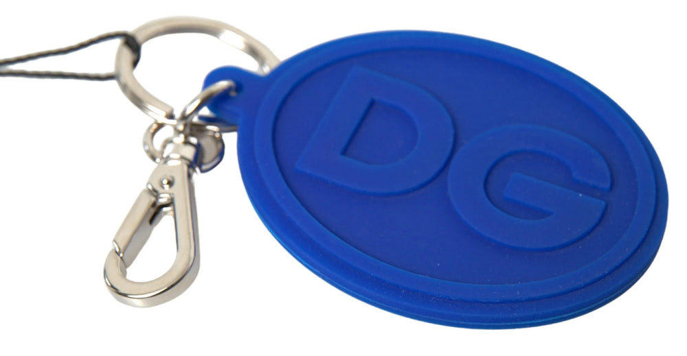 Dolce & Gabbana Blue Rubber DG Logo Silver Brass Metal Keyring Keychain - Keychains