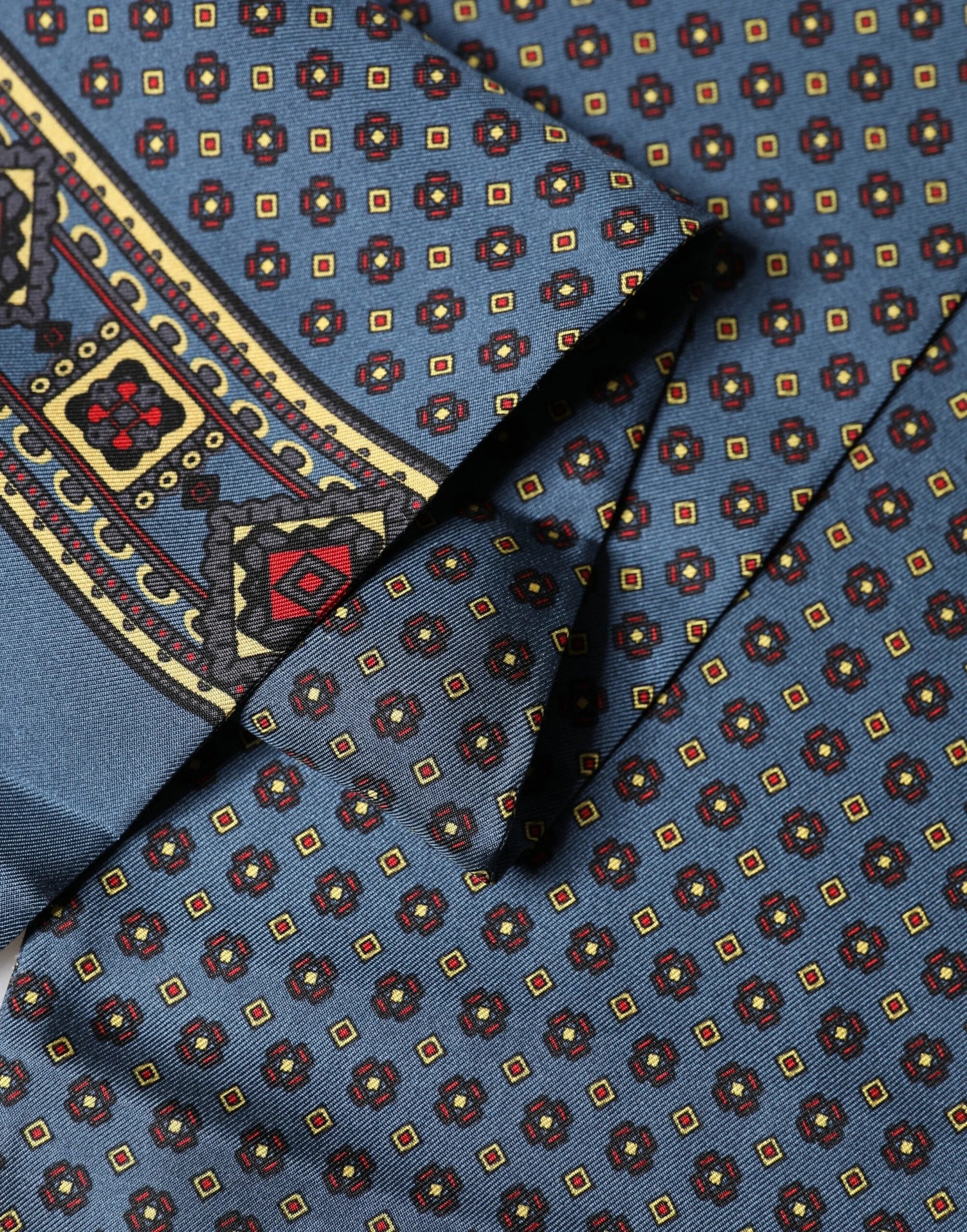 Dolce & Gabbana Blue Silk Geometric Fringe Foulard 134cm x 15.5cm Scarf