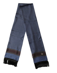 Dolce & Gabbana Blue Silk Geometric Fringe Foulard Wrap 131.5x15.5cm Scarf