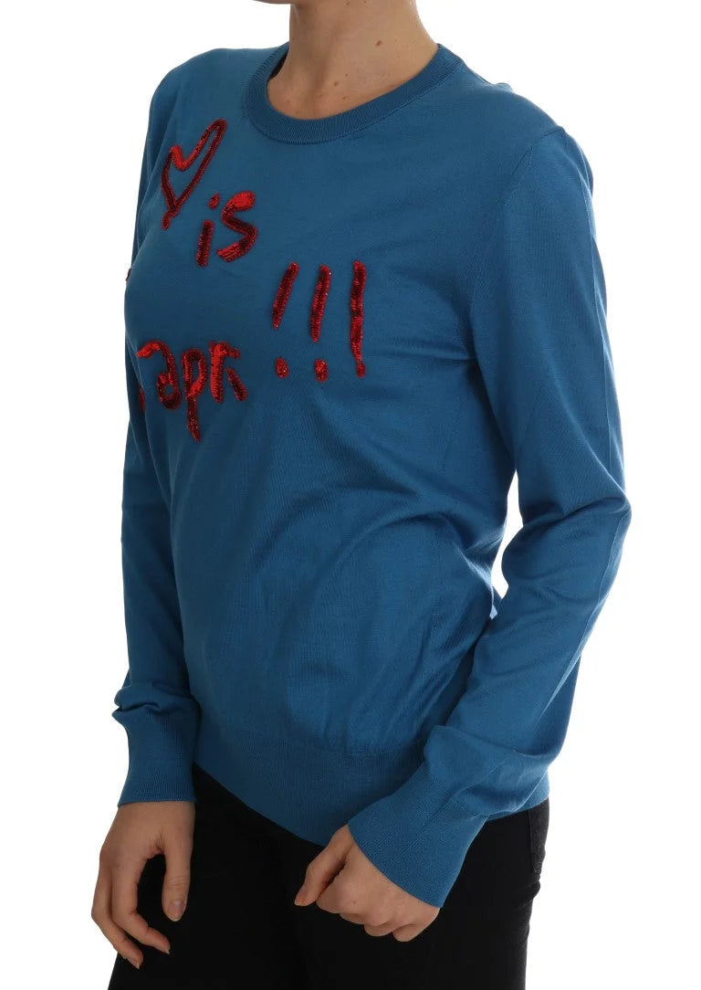 Dolce & Gabbana Blue Silk Love is Pullover Sweater - IT48 | XL - Sweaters