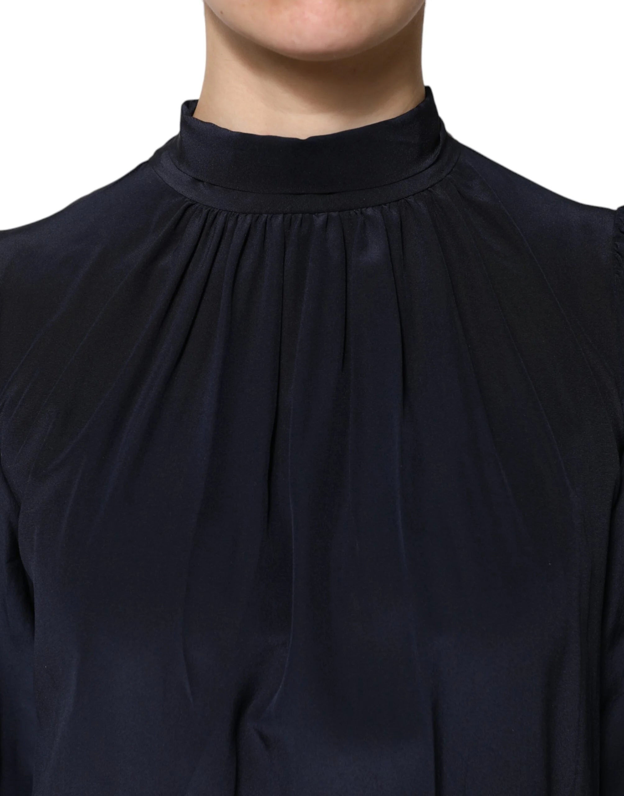 Dolce & Gabbana Blue Silk Mock Neck Long Sleeves Blouse Top - IT40|S - Blouses